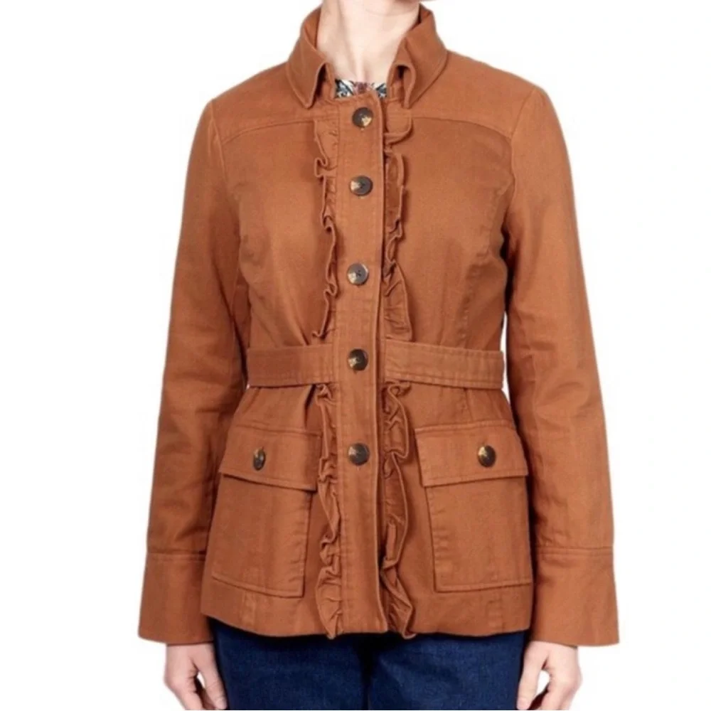Sz 6 (S/M) Anthropologie Brown Ruffle-Trim Utility Barn Jacket - Picture 8 of 8